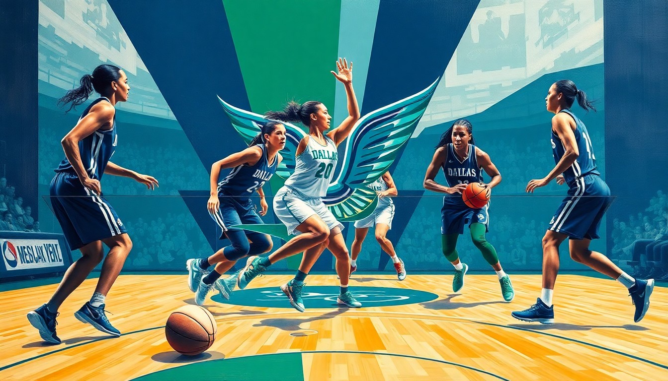 A fractured, cubist-style painting depicting the abstract shapes and forms of WNBA players on a basketball court, with the official colors of the Dallas Wings team used throughout the composition.