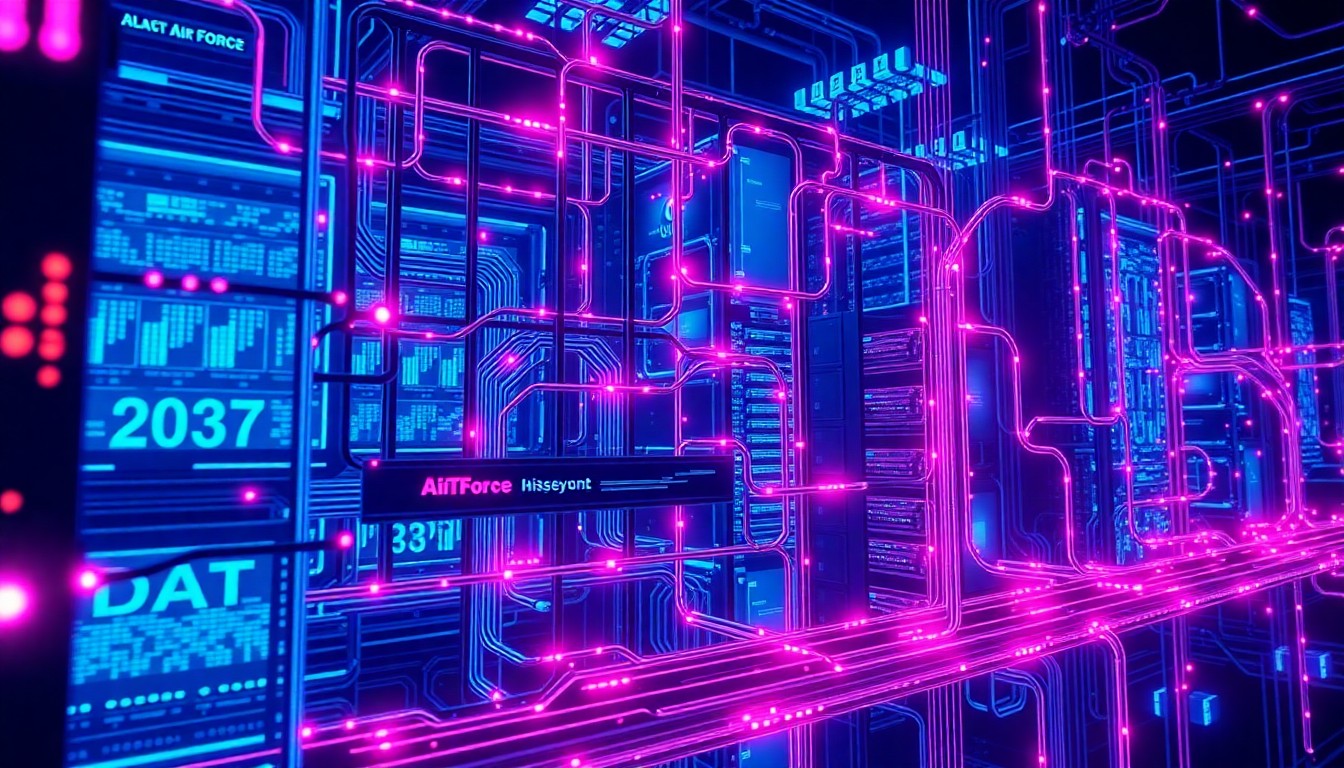 A highly detailed, glowing 3D illustration of a complex network of interconnected data servers, cables, and digital infrastructure in shades of neon blue, purple, and magenta, conceptually representing the scale and complexity of the Air Force's data modernization efforts.