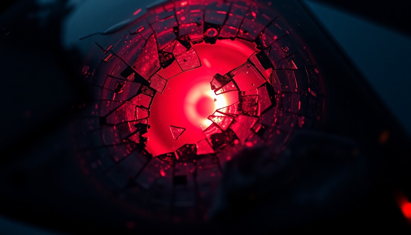 An extreme close-up photograph of a shattered car sensor lens reflecting a faint red light, conceptually representing the aftermath of a violent attack on a tech executive's property.