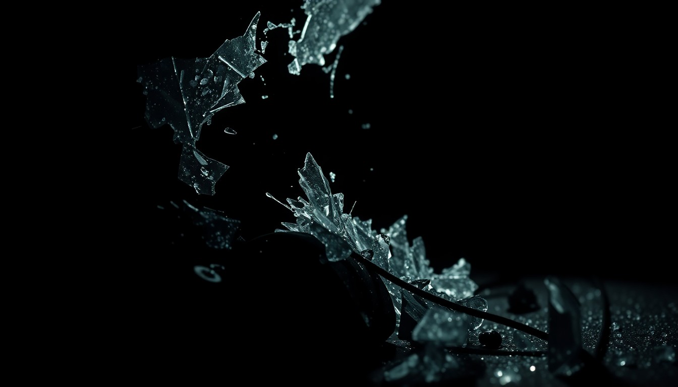 An extreme close-up photograph of shattered glass and twisted metal from a damaged vehicle, conveying the stark, gritty aftermath of a high-speed crash in an urban setting.