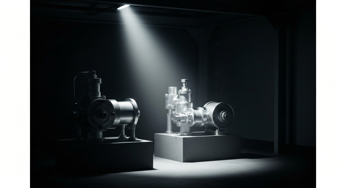 A highly detailed, macro-level view of heavy, industrial banking machinery and gears in shades of steel, bronze, and black, conceptually representing the institutional forces driving semiconductor technology.