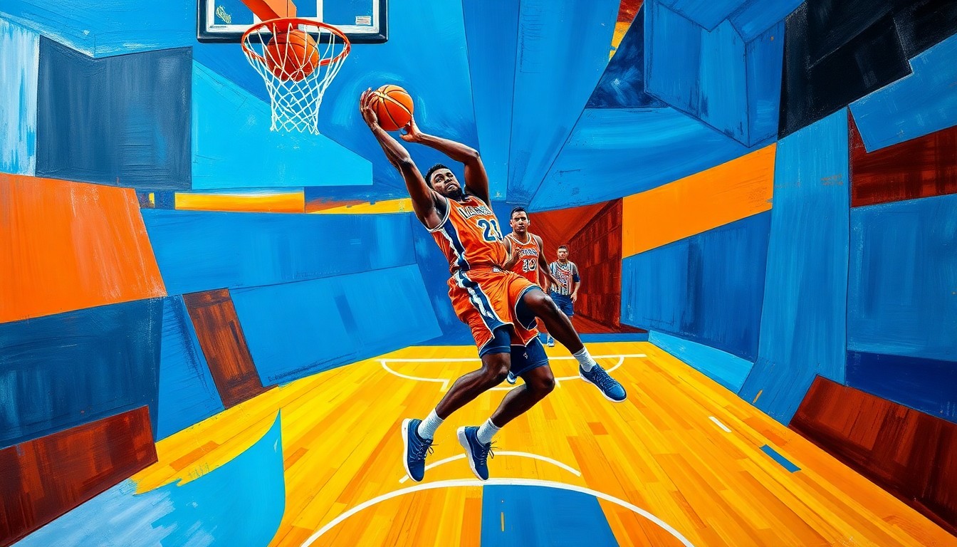 A fractured, cubist-style painting depicting Jalen Duren's powerful basketball plays through overlapping geometric shapes and planes in vibrant colors, capturing the intensity and dynamism of his game.