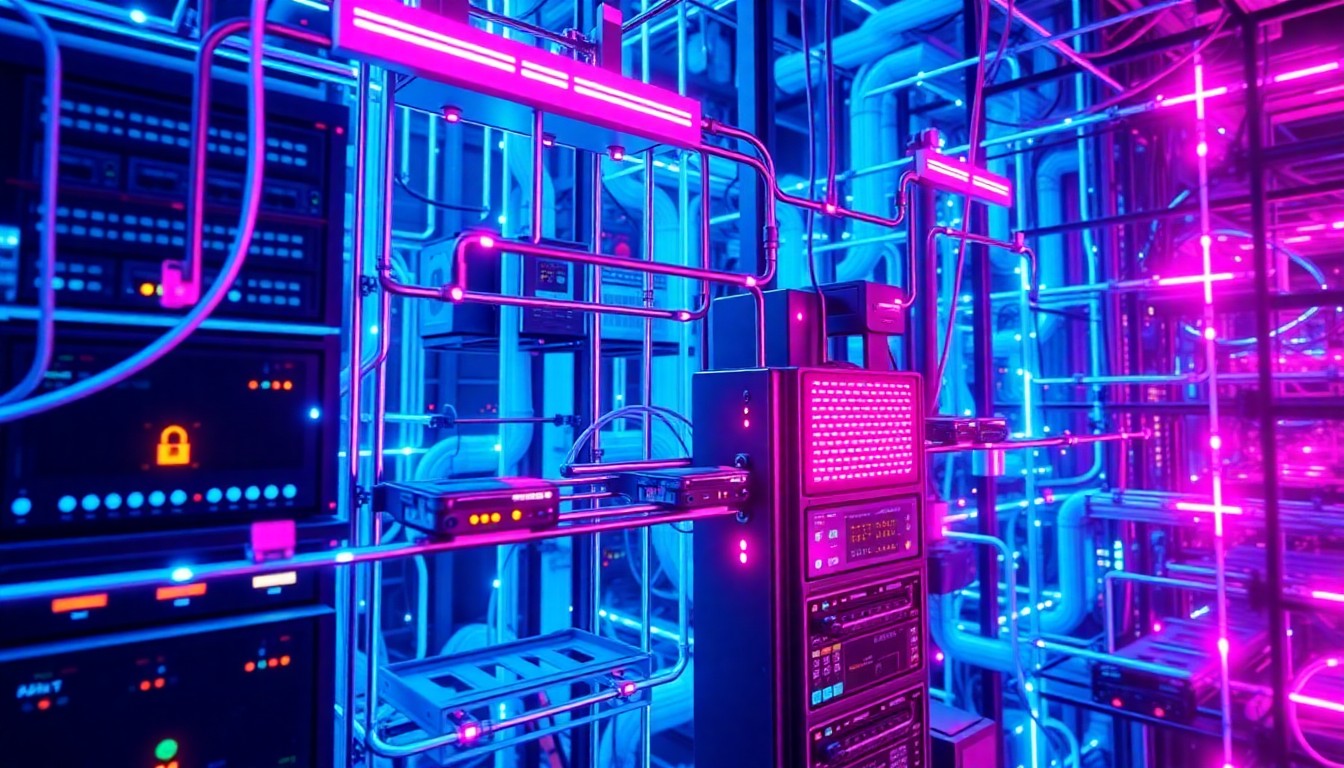 A highly detailed, glowing 3D illustration of a complex network of interconnected cybersecurity infrastructure elements, including servers, cables, and sensors, all illuminated by neon cyan and magenta lights, conceptually representing the advanced technology powering continuous control monitoring for enterprise risk management.
