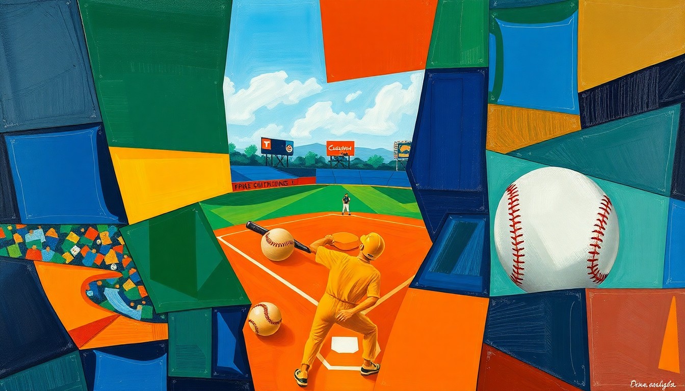 A cubist, geometric painting depicting a fragmented, multi-angled view of a softball game, with sharp planes of navy, green, and orange hues representing the dynamic action on the field.