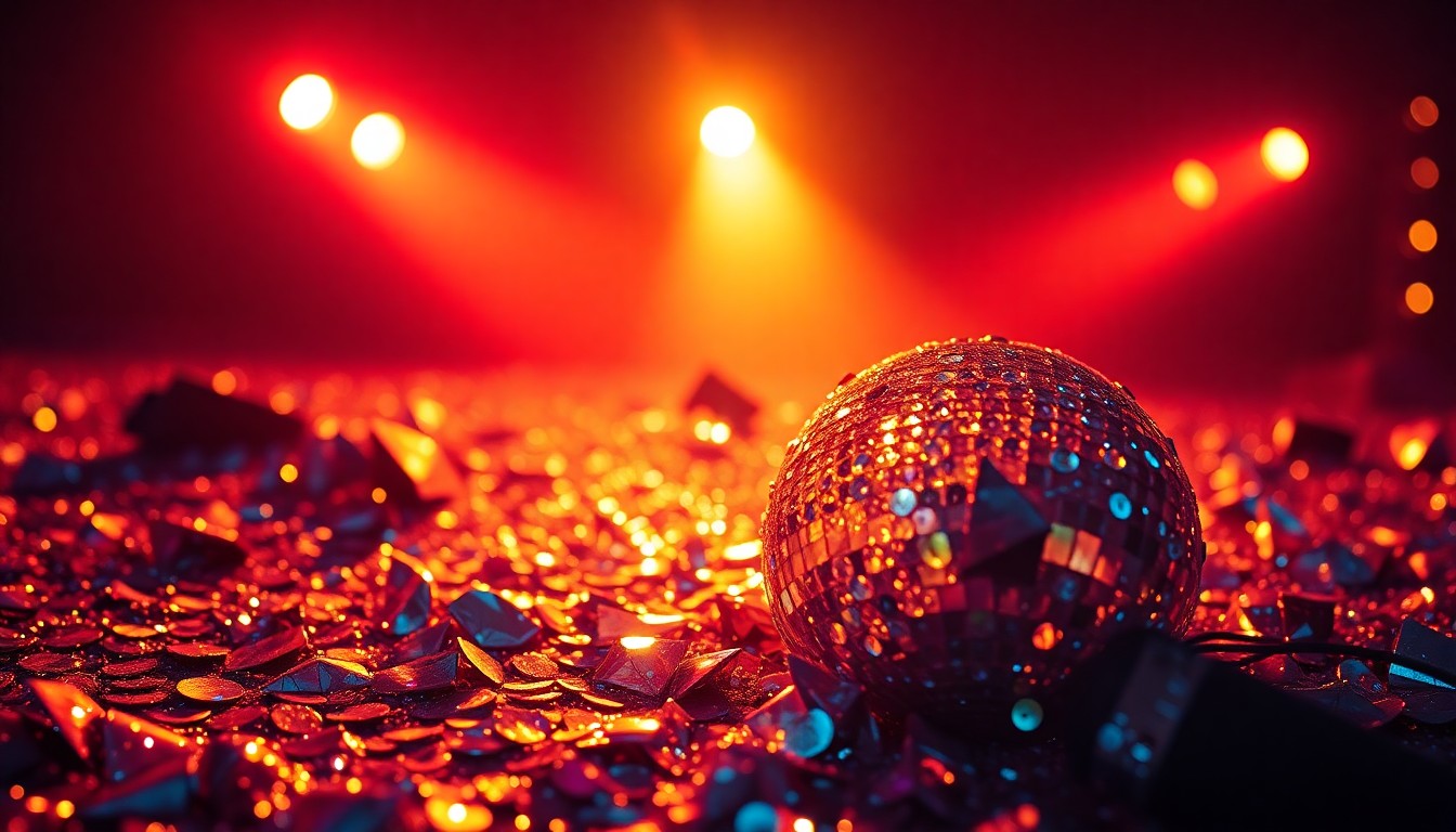 An abstract close-up photograph of shimmering sequins and shattered glass, capturing the glitz and energy of a music festival backstage.