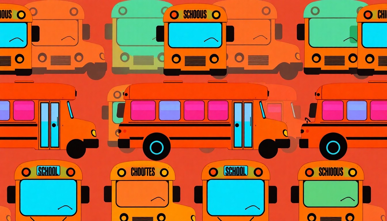 A highly stylized, abstract illustration composed of a repeating grid of school bus icons rendered in a bold, neon color palette and heavy black outlines, conceptually representing the challenges school districts face in funding student transportation.