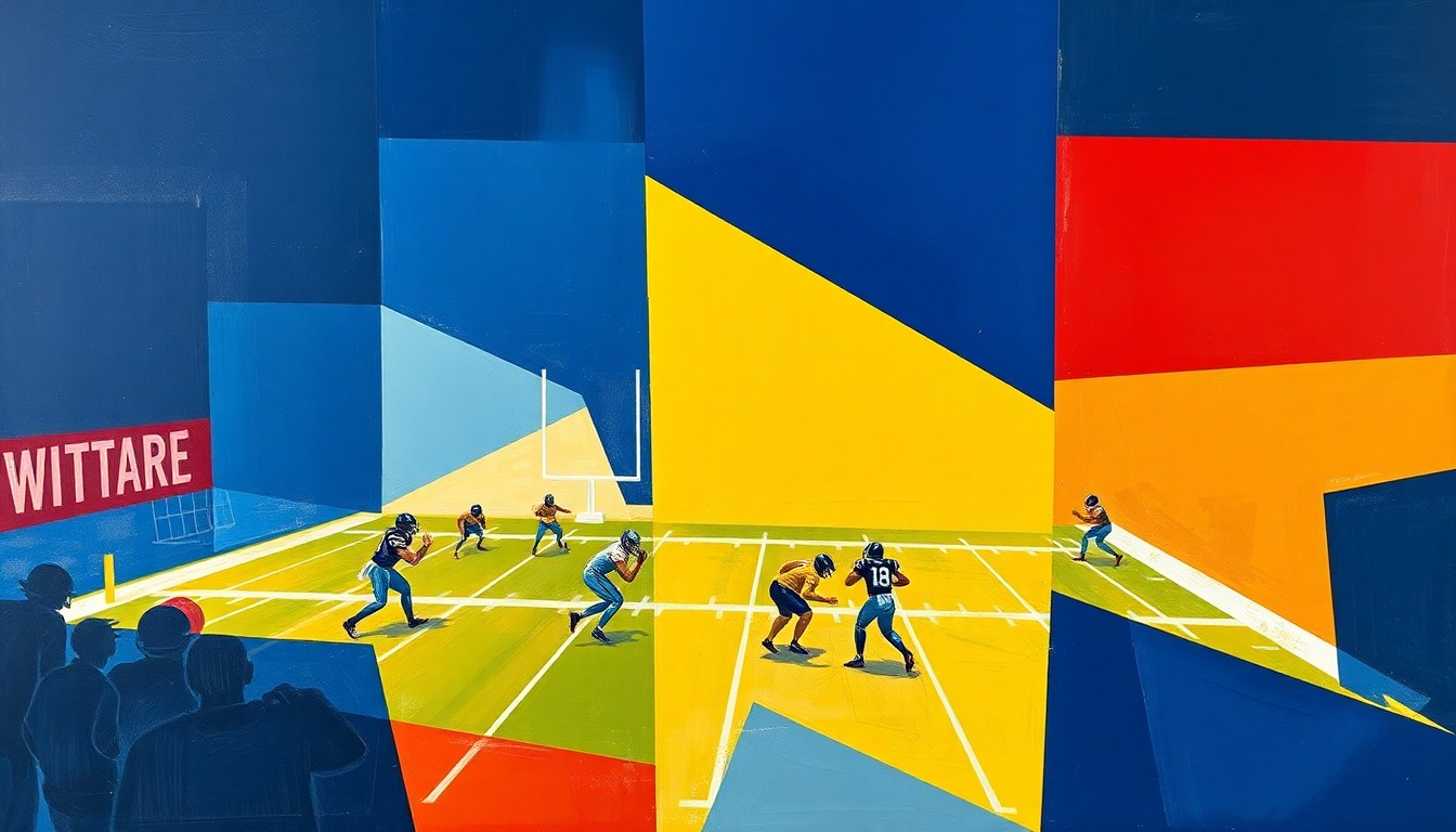 A fragmented, geometric painting in navy, yellow, and red tones depicting an abstract college football scene, representing the multifaceted consequences faced by a former coach.