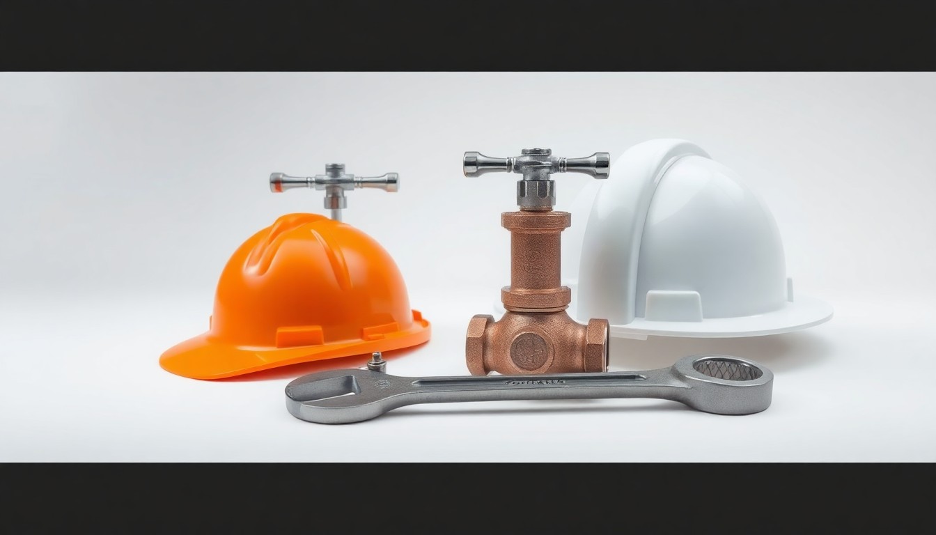 A photorealistic studio shot featuring a polished metal gas pipeline valve, a wrench, and a hard hat arranged on a clean white background, symbolizing the technical work and safety focus of the pipeline replacement project.