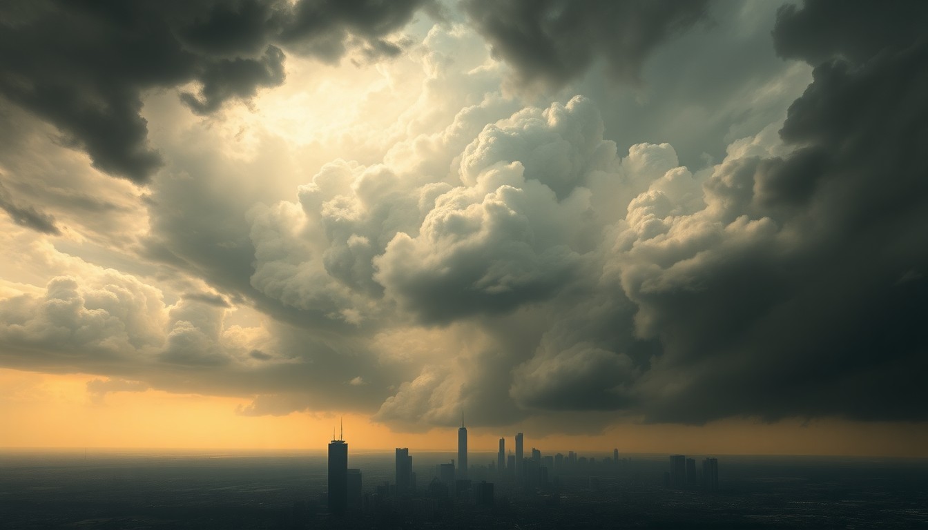 A dramatic landscape painting in the style of Caspar David Friedrich, showing a massive, swirling storm system dominating the skyline of Chicago in the distance, conveying the overwhelming scale and sublime power of the approaching weather.