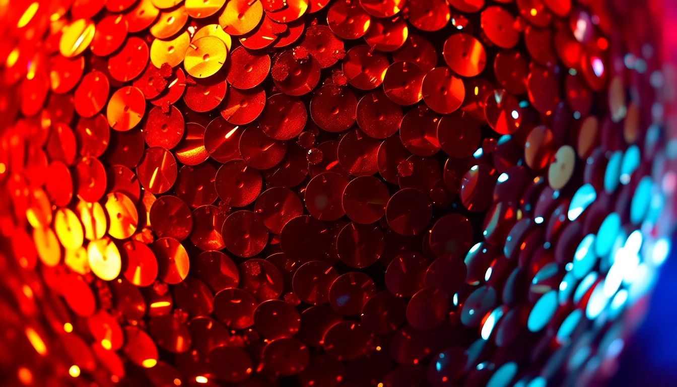 An extreme close-up photograph of shimmering, faceted sequins reflecting bright stage lights, conceptually representing the glamour and energy of a celebrity concert performance.