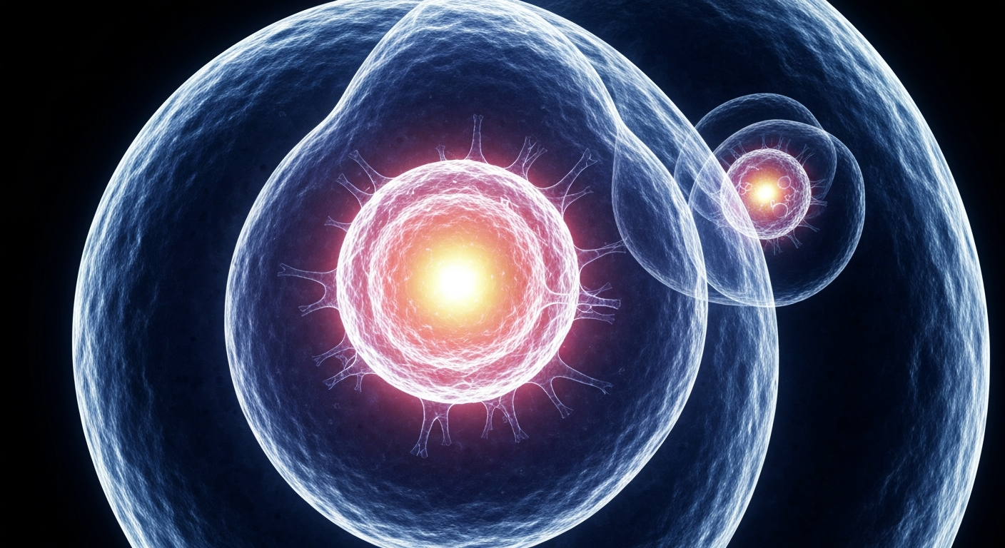 A highly detailed, translucent X-ray-style image of a human blood cell, revealing its intricate internal structures and suggesting the complex biological processes involved in cancer detection.