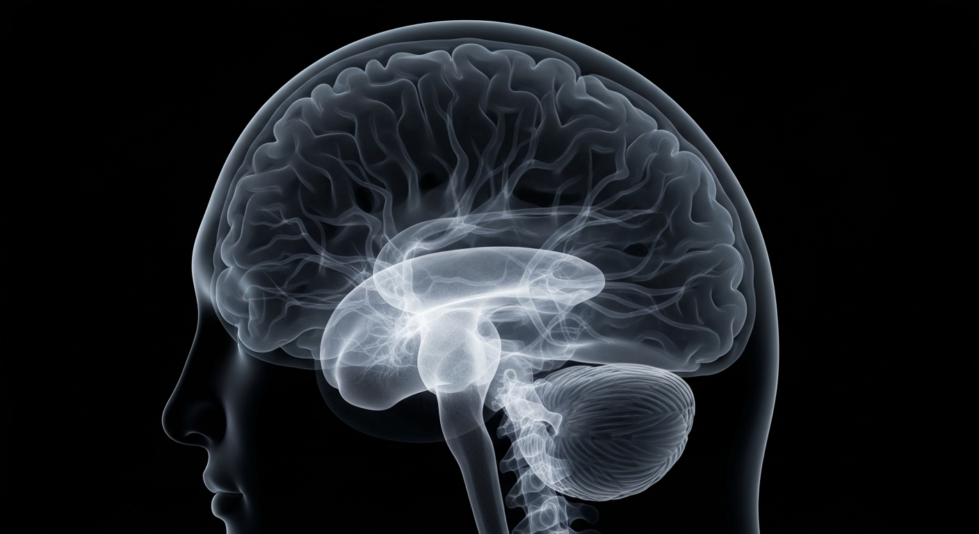 A ghostly, translucent X-ray photograph revealing the intricate structures and pathways of the human brain, conceptually representing the innovative psychedelic-based therapies being developed by AtaiBeckley.