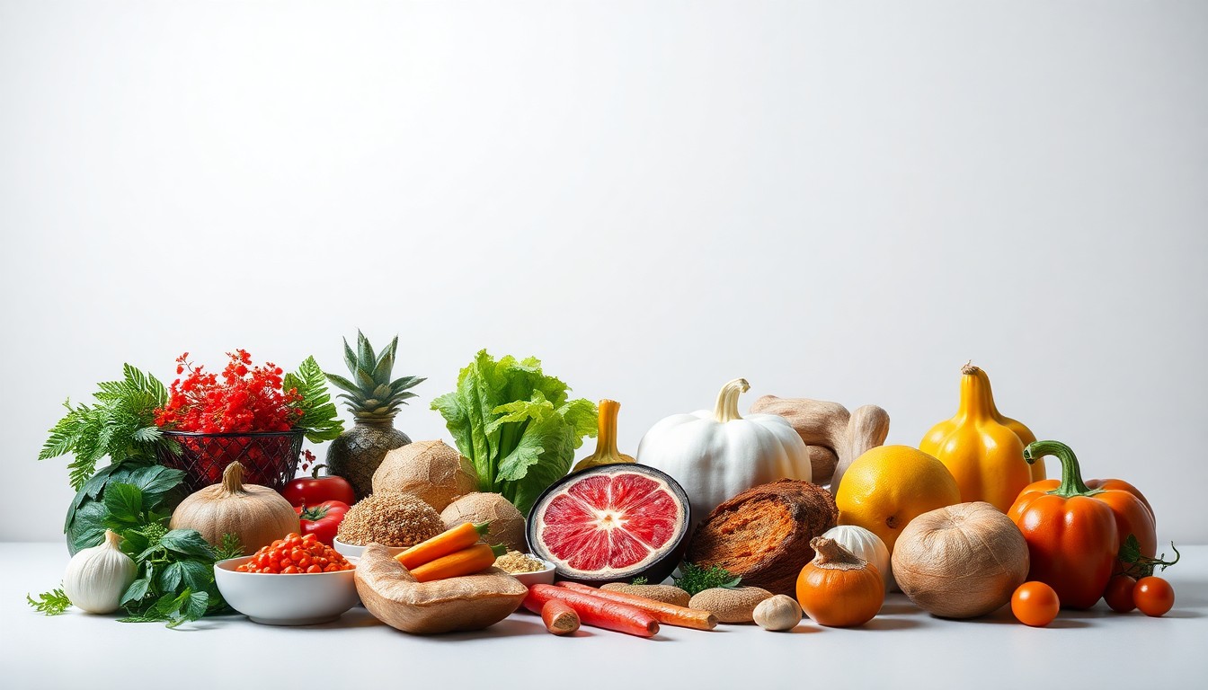 A high-end, photorealistic studio still-life photograph featuring a selection of premium Asian ingredients and produce arranged elegantly on a clean, monochromatic seamless background, conceptually representing the diversification of the regional grocery market.