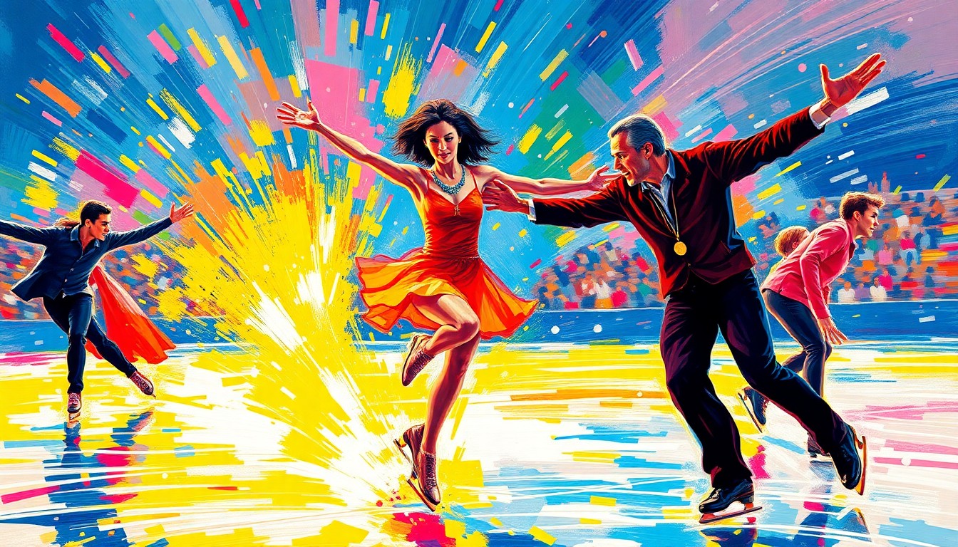 A dynamic, colorful painting in the style of LeRoy Neiman, with bold brushstrokes and neon hues conveying the fluid, powerful movements of figure skaters performing on the ice.