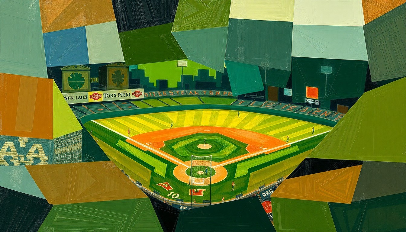 A fragmented, geometric painting in shades of green, brown, and blue depicting the action and movement of a high school baseball game, conceptually representing the passion and commitment of a longtime assistant coach.
