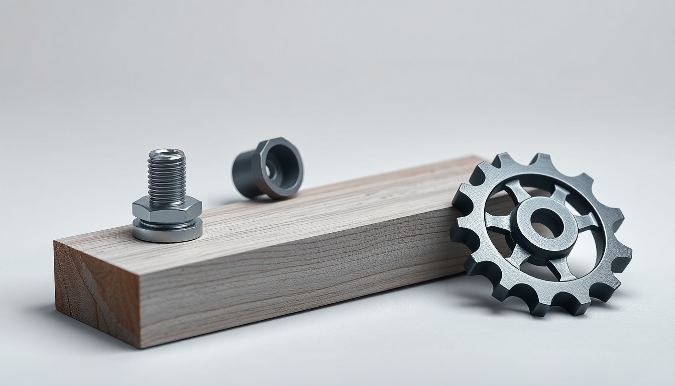 A high-end, photorealistic studio still-life photograph featuring a polished metal fastener, a smooth wooden plank, and a sleek industrial gear in muted shades of grey, black, and silver, arranged elegantly on a clean, monochromatic background to conceptually represent the abstract industrial supply market.
