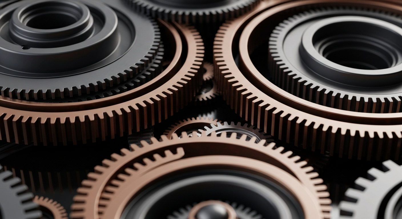 An extreme close-up of complex, interlocking metal gears and machinery, representing the inner workings and technological sophistication of a semiconductor company.
