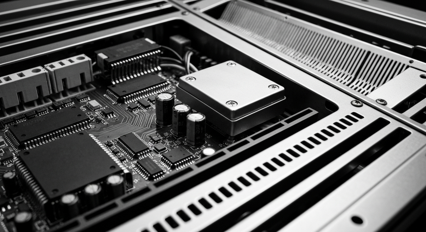 A high-contrast black and white image focusing on the intricate circuitry and hardware components of a cybersecurity appliance, conveying the technical complexity of modern digital security systems.