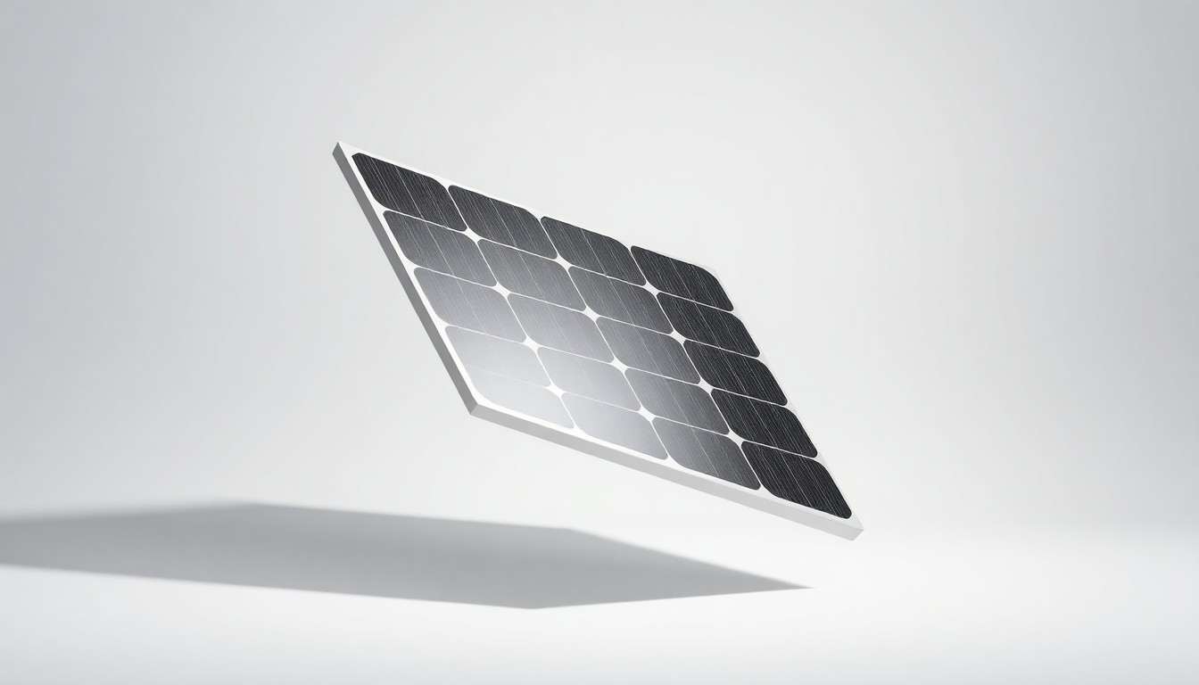 A photorealistic studio still life of a sleek, geometric solar panel component made of premium materials like aluminum, glass, and copper, floating on a clean, monochromatic background and dramatically lit to represent the abstract financial forces impacting the solar industry.