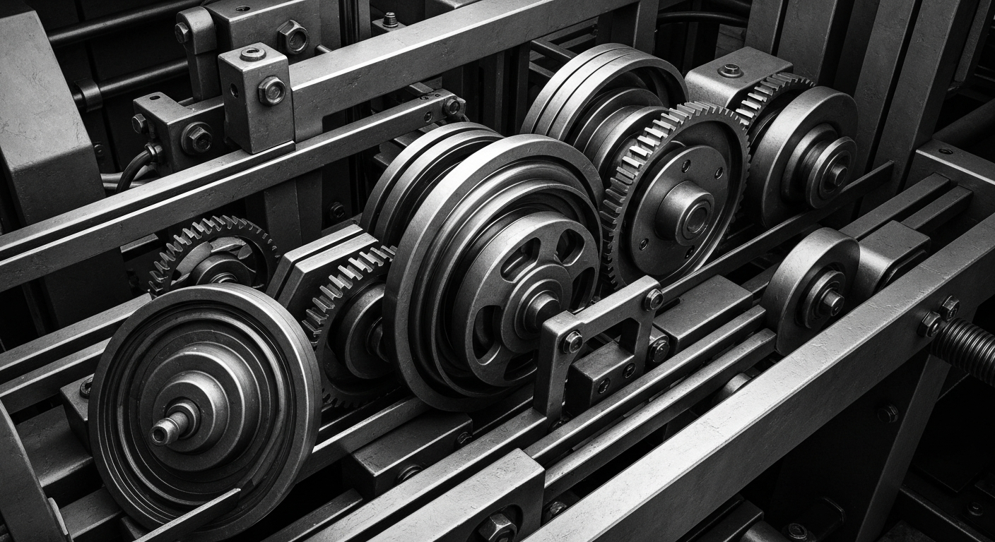 A dramatic, high-contrast black and white close-up of the complex mechanisms and components that make up an athletic shoe production line, conveying the industrial scale and technical sophistication of NIKE's manufacturing operations.