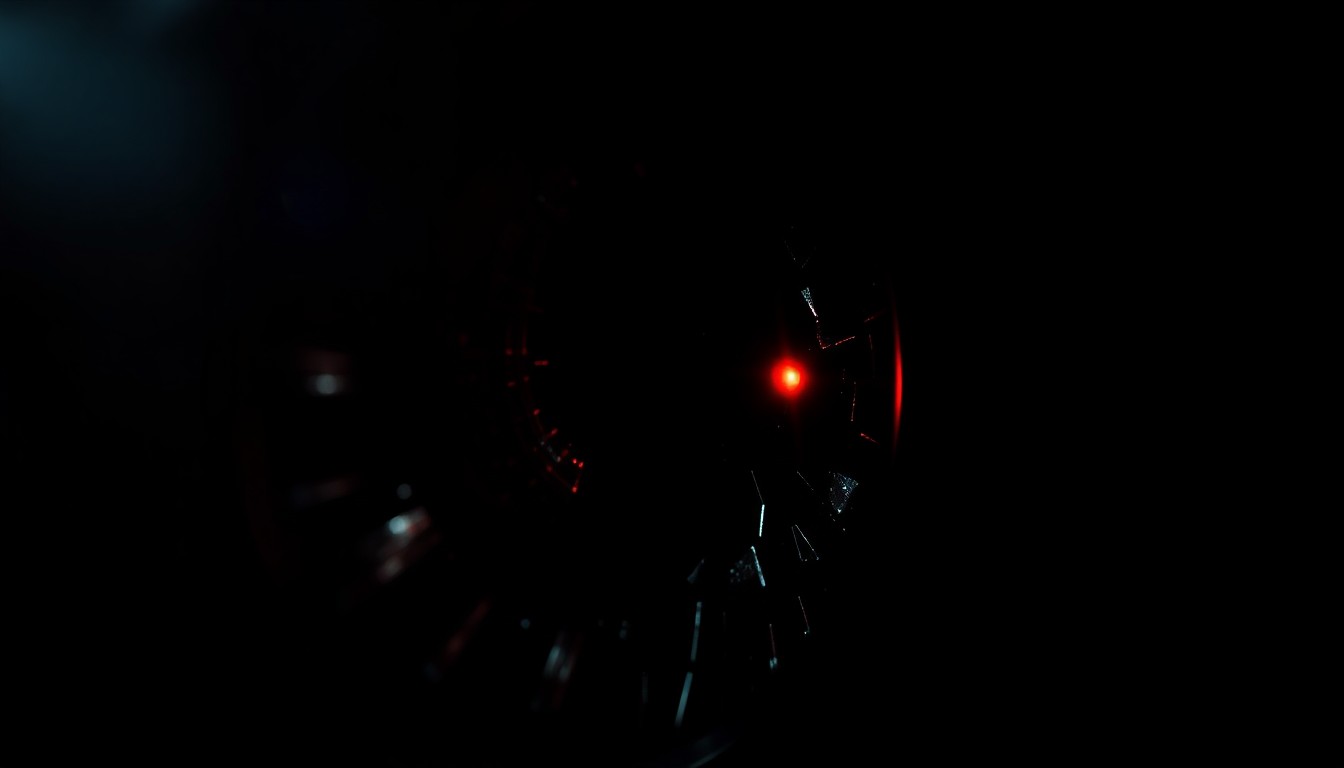 An extreme close-up of a shattered car sensor lens reflecting a faint red light, conceptually illustrating the vandalism of self-driving cars.