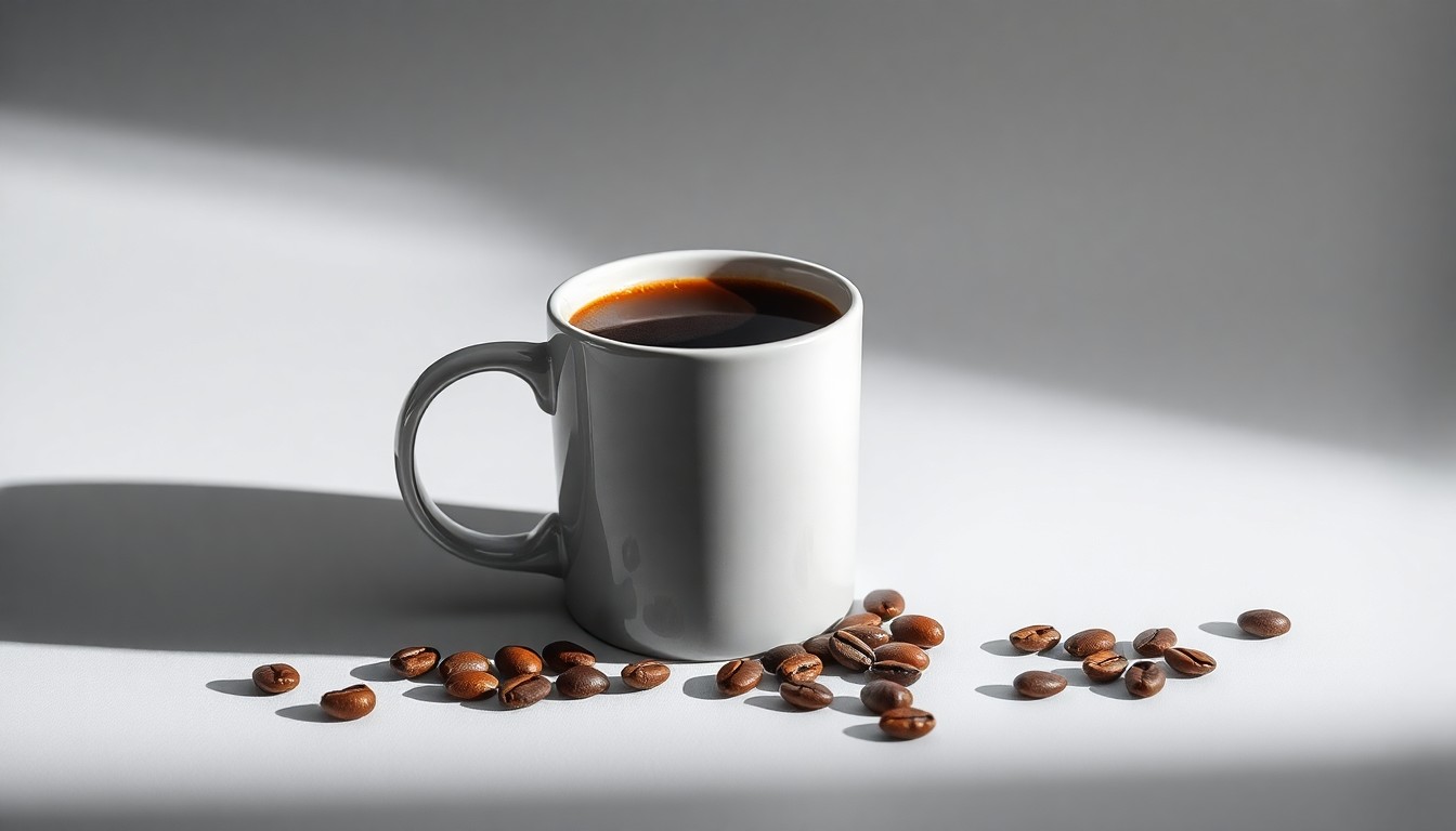 A minimalist, photorealistic studio still-life photograph featuring a modern coffee mug, a freshly brewed cup of coffee, and a few coffee beans arranged elegantly on a clean, monochromatic background, conveying a sense of premium quality and corporate strategy.
