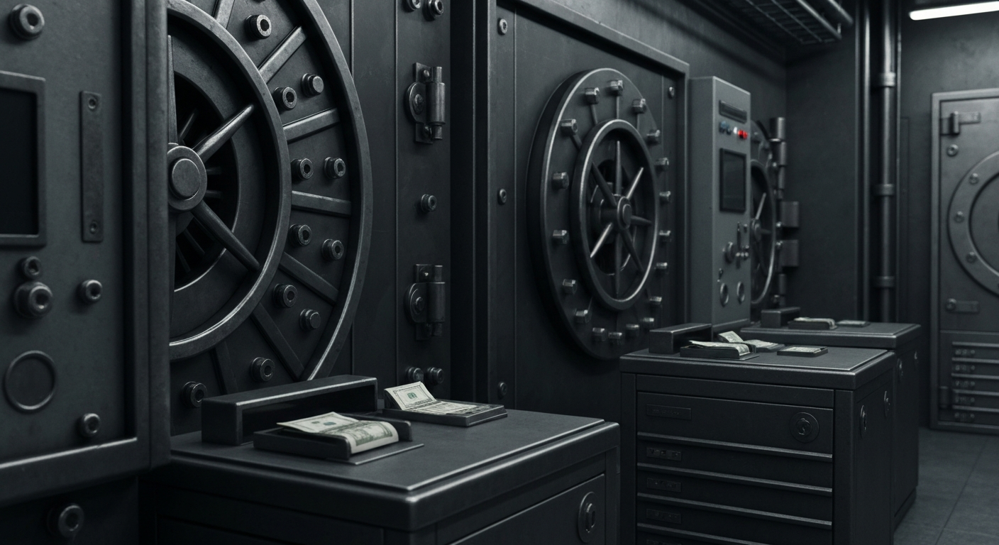 An extreme close-up of heavy, industrial banking equipment and machinery, conveying the tangible, institutional power of financial institutions.