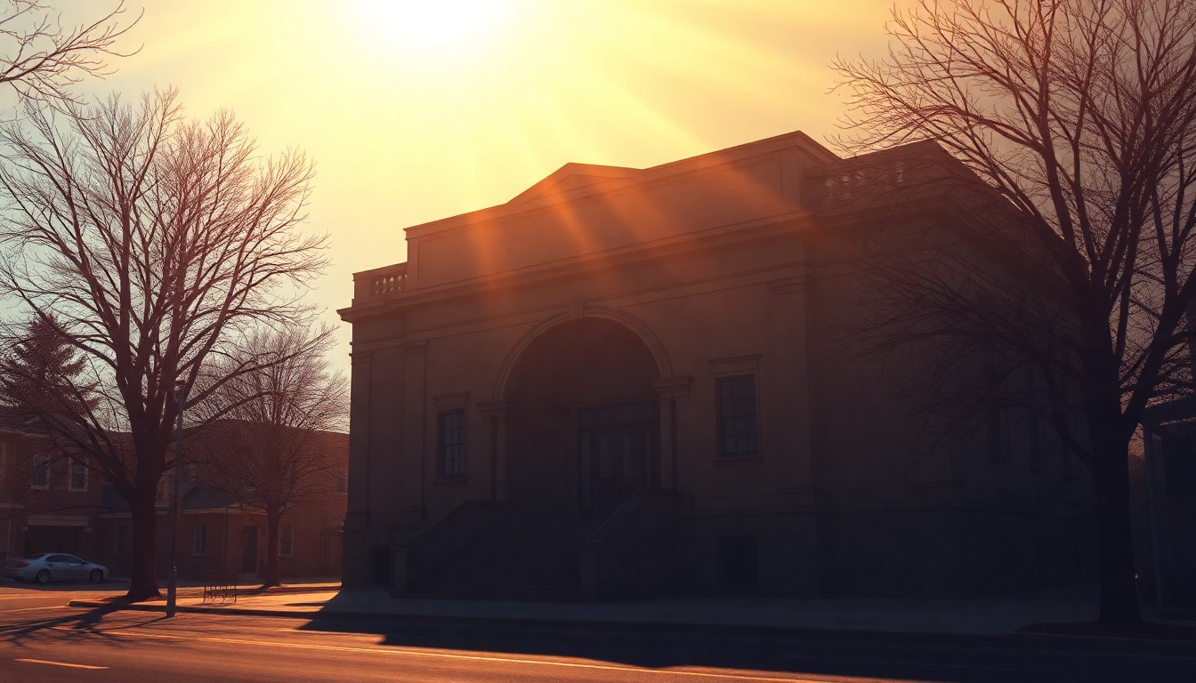 A serene, photorealistic painting of a government building in warm, golden light, conveying a sense of civic pride and optimism for the future.