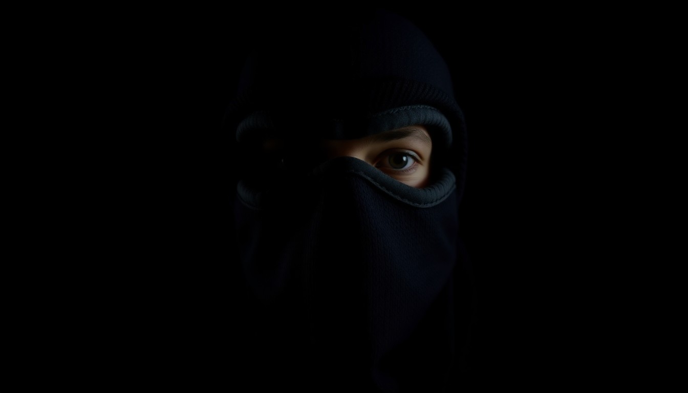 An extreme close-up photograph of a black ski mask, the harsh flash lighting creating dramatic shadows and textures to convey a sense of tension and investigation around the crime.