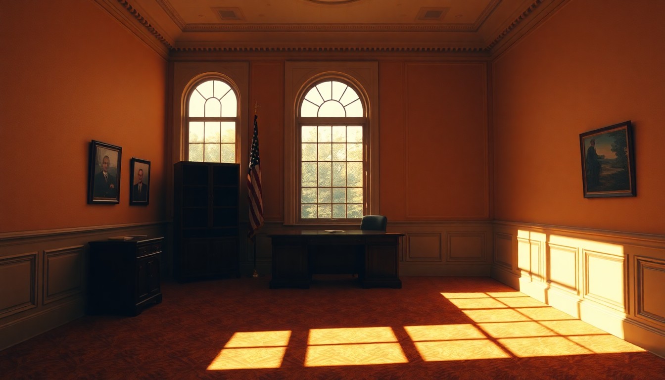 A dimly lit, cinematic government office space with an empty desk and chair, the room bathed in warm, diagonal sunlight and deep shadows, conceptually representing a changing of the political guard.