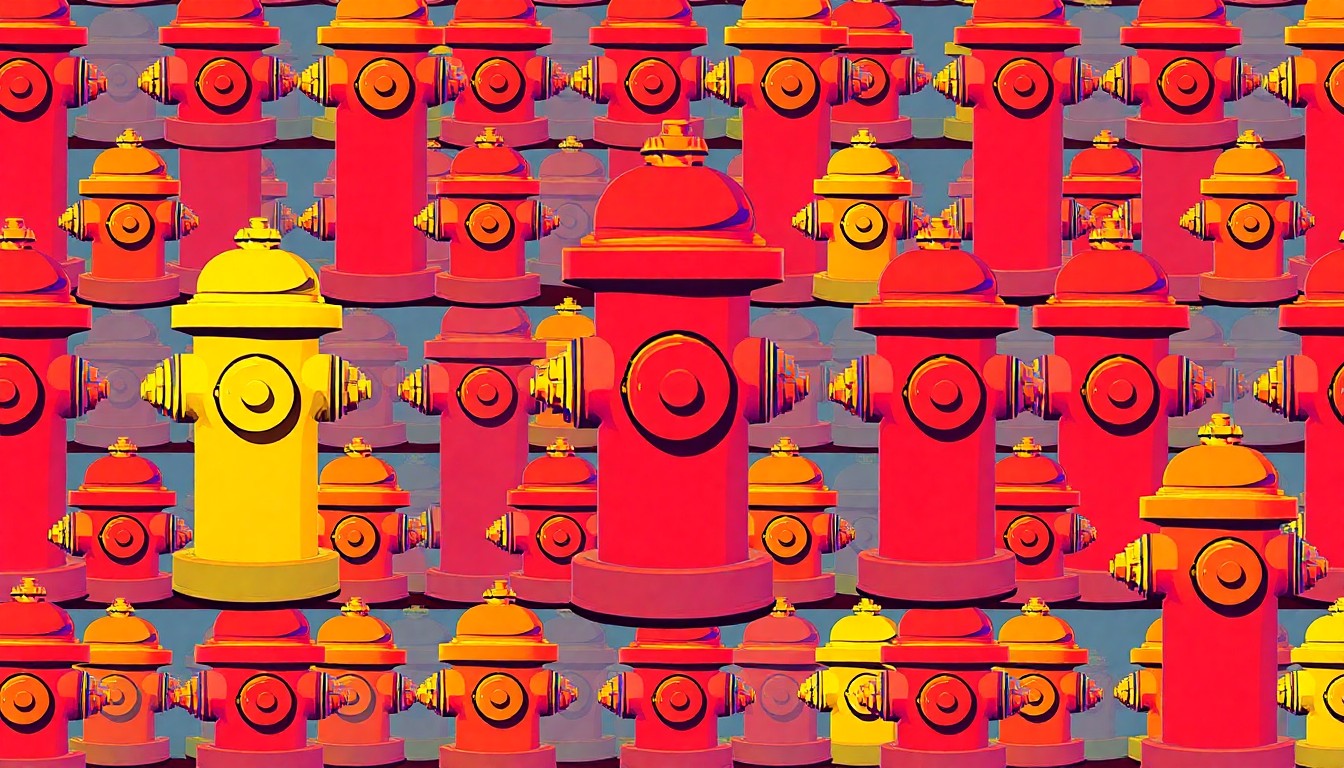 A boldly colored, abstract grid of stylized fire hydrant icons in vibrant shades of red, orange, and yellow, conceptually representing the importance of reliable public utilities.