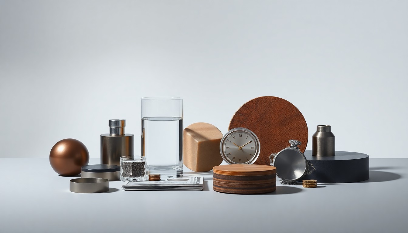 A photorealistic studio still life featuring a composition of premium, polished geometric objects in muted tones, conceptually representing the abstract concepts of corporate strategy, finance, and risk management.