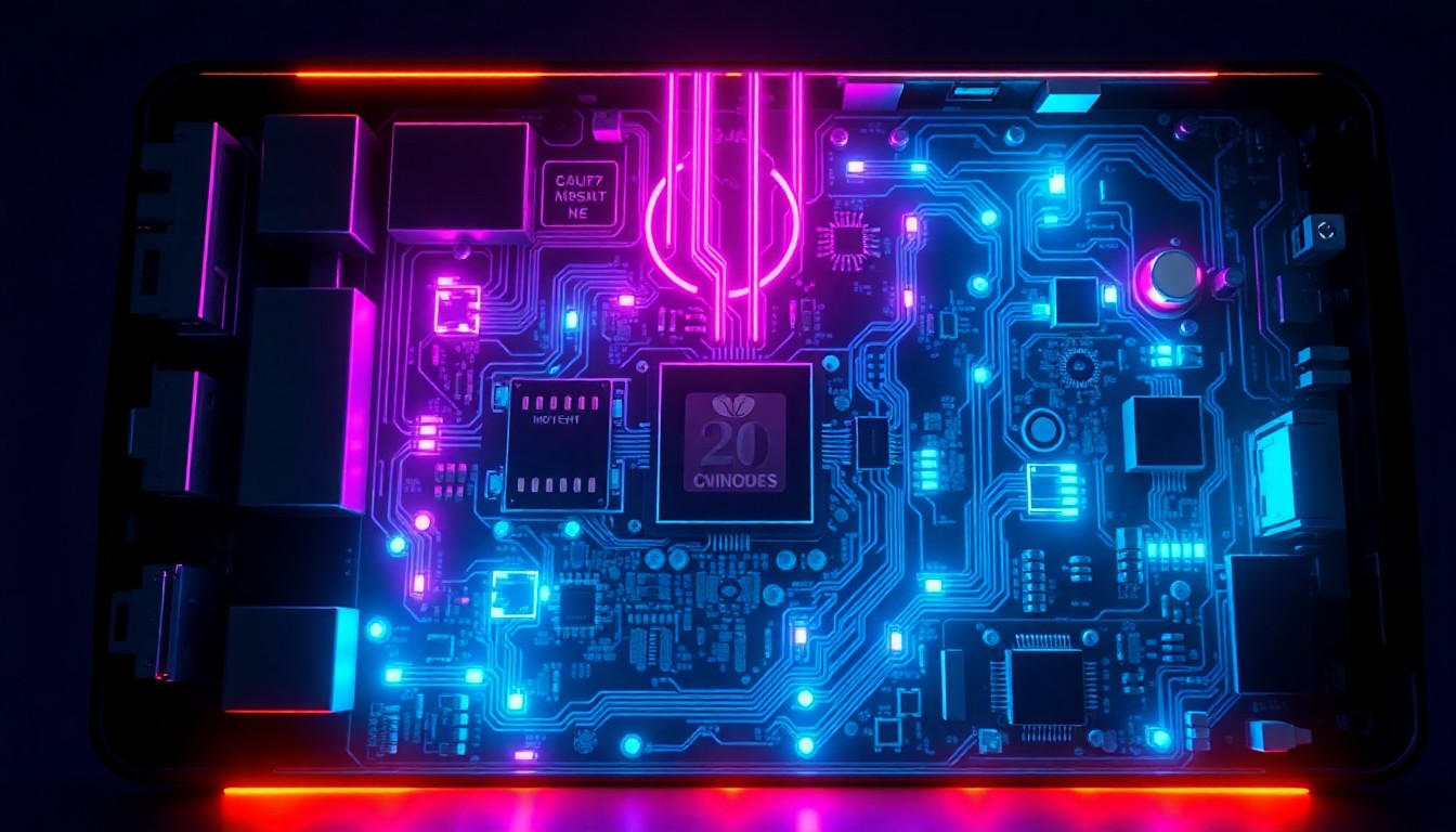 A highly detailed, glowing 3D illustration of a circuit board with pulsing neon blue and magenta lights, conceptually representing the internal components of a repaired electronic device.