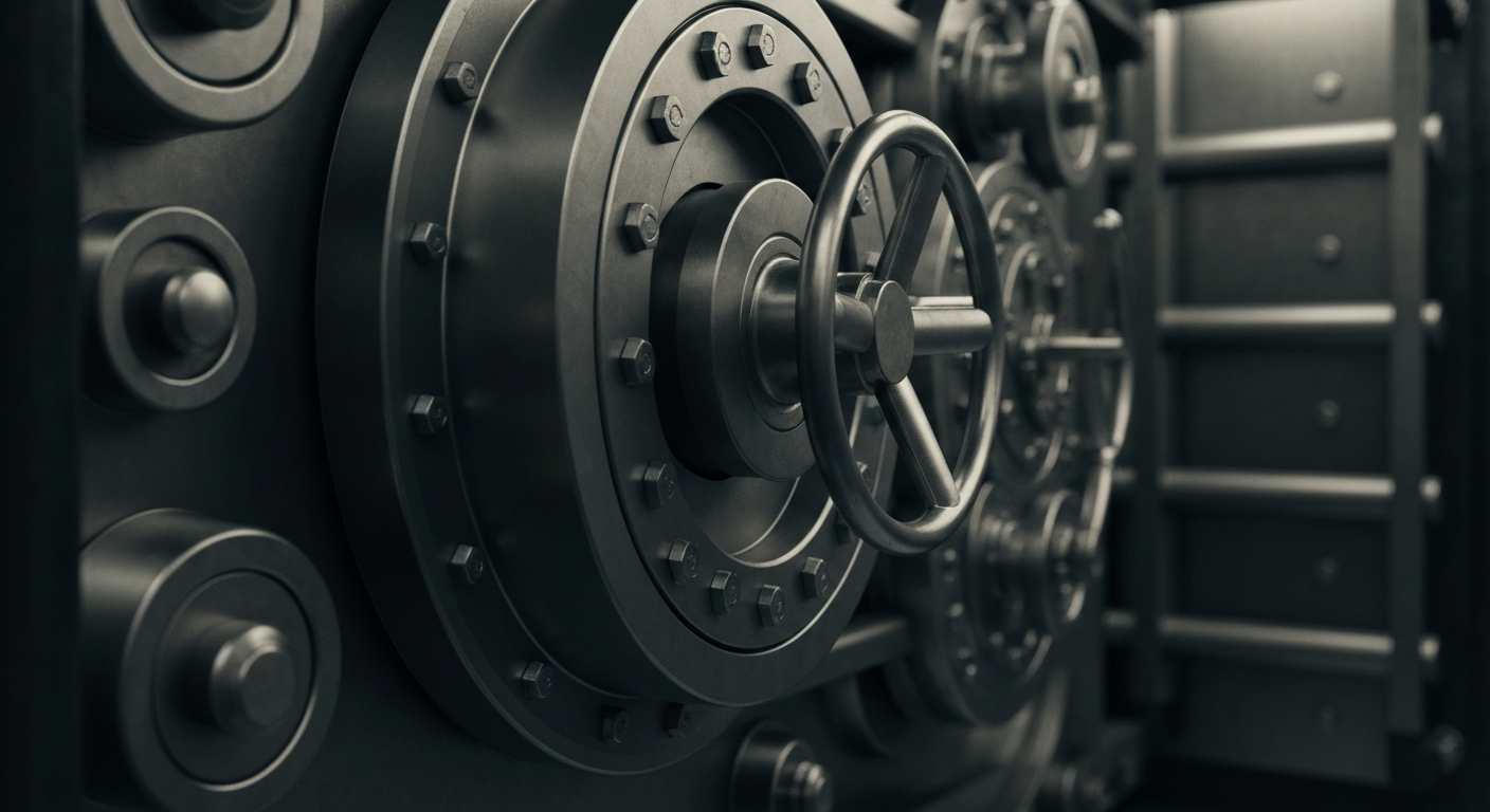 An extreme close-up of the intricate gears, locks, and metal components that make up the internal workings of a bank vault, conveying a sense of the secure storage of wealth and financial power.