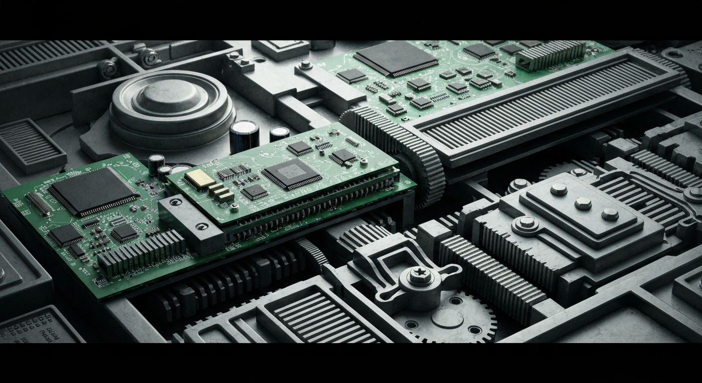 An extreme close-up of interlocking metal gears and circuit boards, conceptually representing the complex technological systems that store and process vast amounts of digital data.