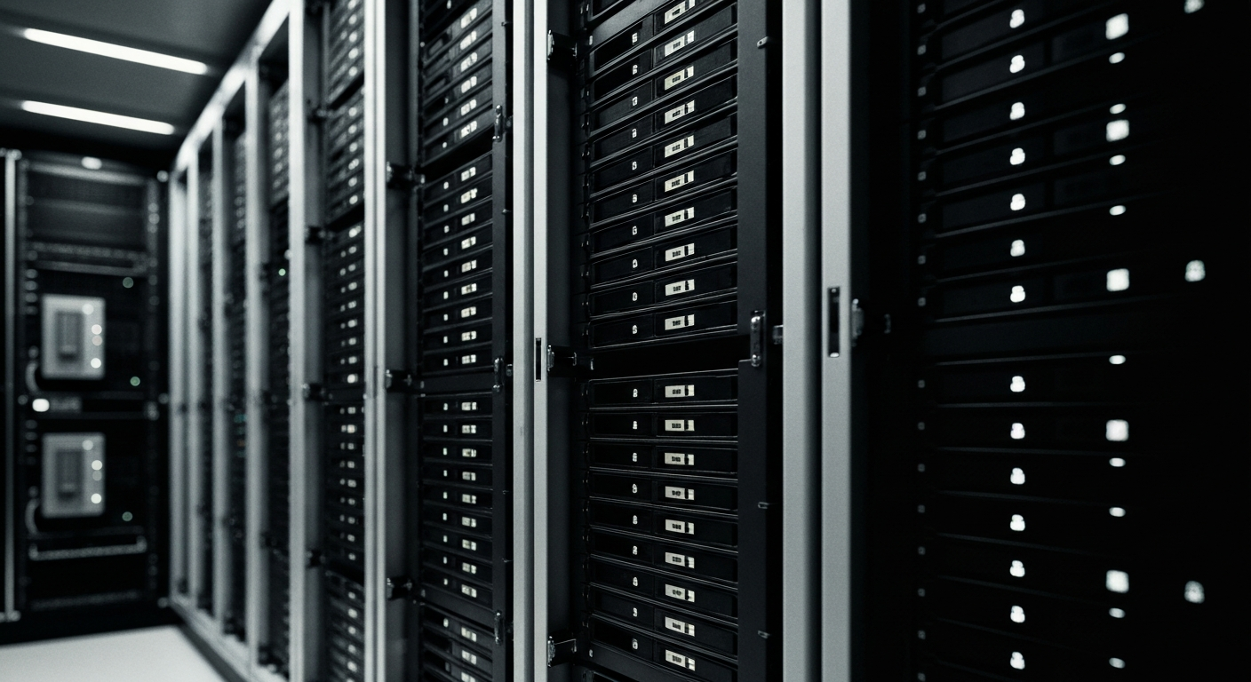 An extreme close-up of the intricate metal and circuit board components of a bank's computer server, conveying the complex, secure infrastructure that powers modern finance.