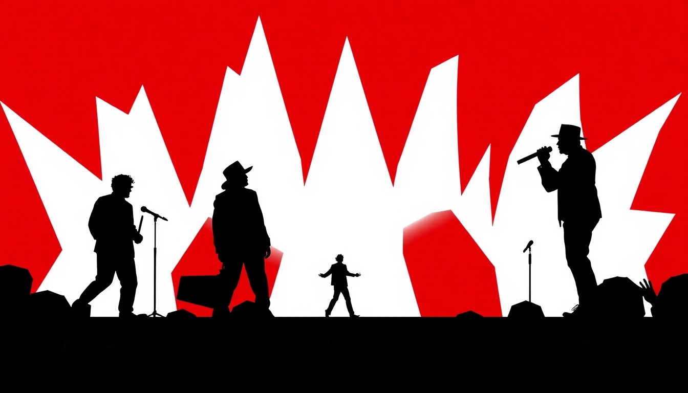 A bold, abstract composition of jagged geometric shapes and stark black silhouettes in high-contrast red and white, conceptually representing the cultural significance of the 'Michael' biopic premiere in Gary, Indiana.