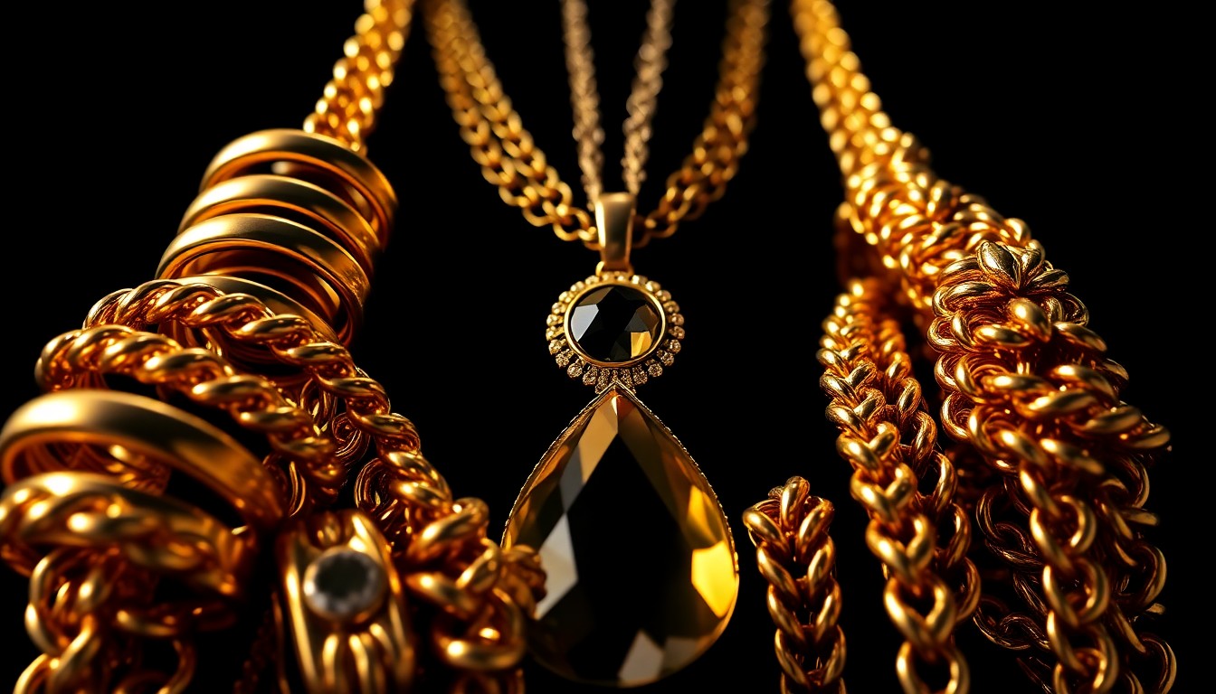 An extreme close-up photograph of luxurious gold jewelry textures, including chunky bracelets, rings, and a large statement necklace pendant, captured against a dramatic high-contrast studio lighting backdrop to create a glamorous, high-fashion aesthetic.