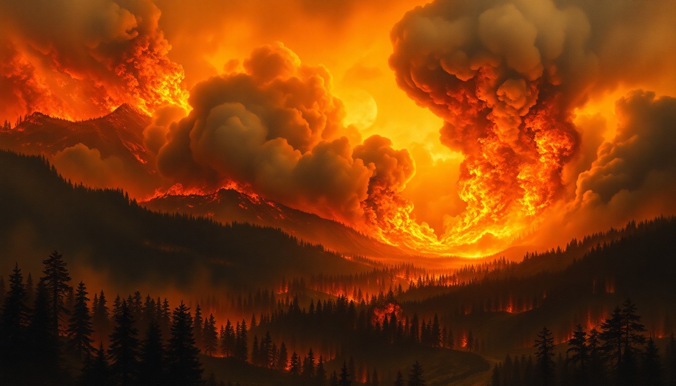 A sweeping, atmospheric landscape painting in muted tones of orange, red, and grey, depicting a massive wildfire consuming a dense forest in the distance, with the smoke and flames dominating the scene and dwarfing any visible structures or human figures.