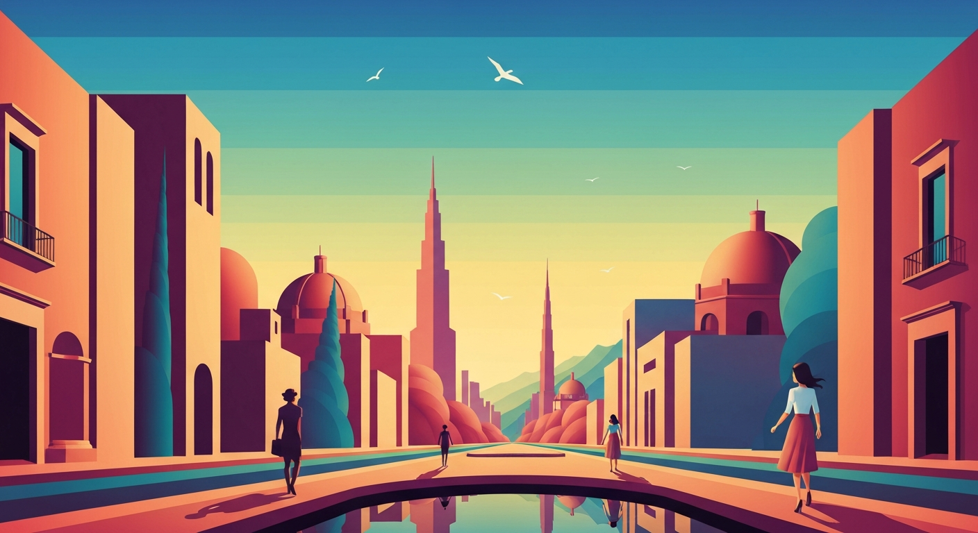 A highly stylized, geometric illustration in the Art Deco Monumentalist style, featuring sweeping gradients and towering architectural forms that evoke the grand scale and romance of travel in Mexico, without any literal depictions of people or text.