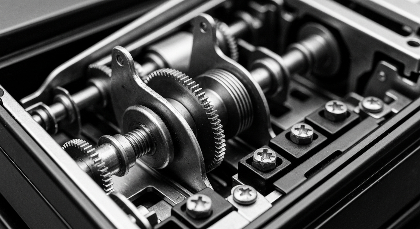 A high-contrast black and white macro photograph of the inner workings of a Visa credit card payment terminal, with gears, circuits, and other mechanical components filling the frame to convey the industrial nature of the financial infrastructure that enables electronic payments.