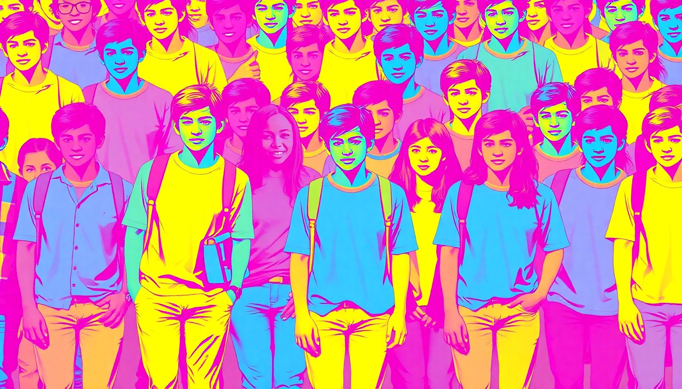A high-contrast, silkscreen-style illustration featuring a grid of colorful, stylized figures representing high school students, conveying the collaborative and empowered spirit of the youth leadership conference.