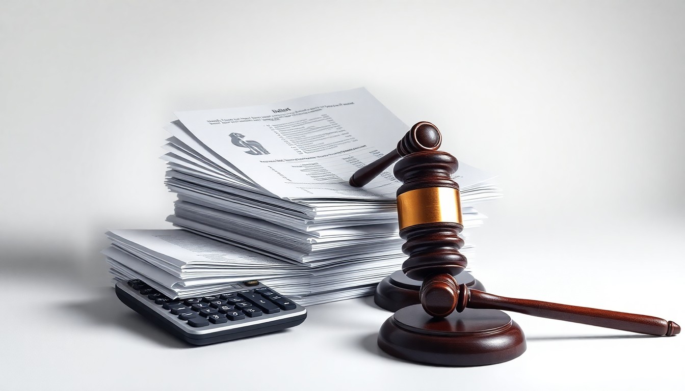 A photorealistic studio still life featuring a stack of financial documents, a calculator, and a gavel on a clean, monochromatic background, conceptually representing the abstract corporate strategy and finance issues at the heart of the Driven Brands securities fraud case.