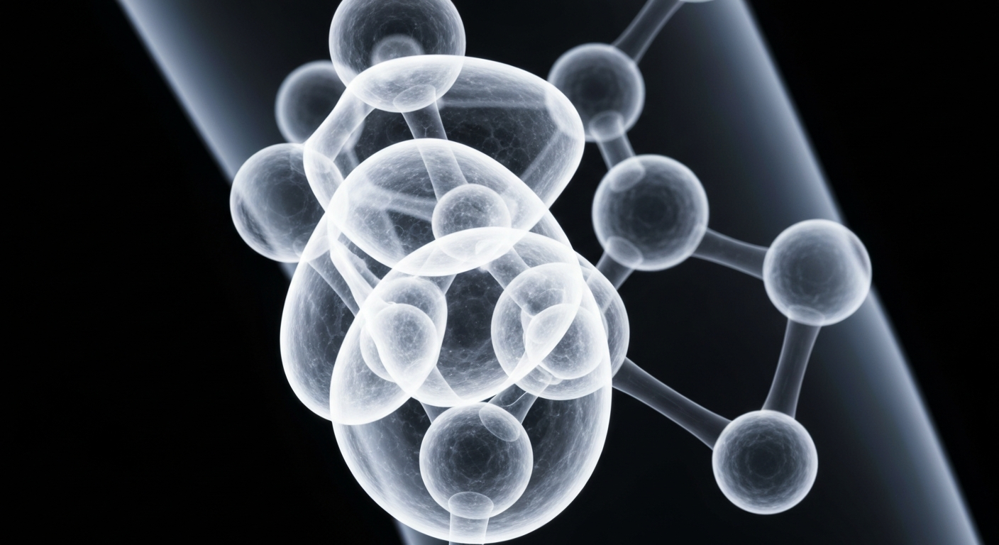 An extreme close-up, translucent X-ray-style image revealing the molecular structure of a Reztart protein drink powder, conceptually illustrating the clinical, scientific nature of the product's formulation and metabolic health benefits.