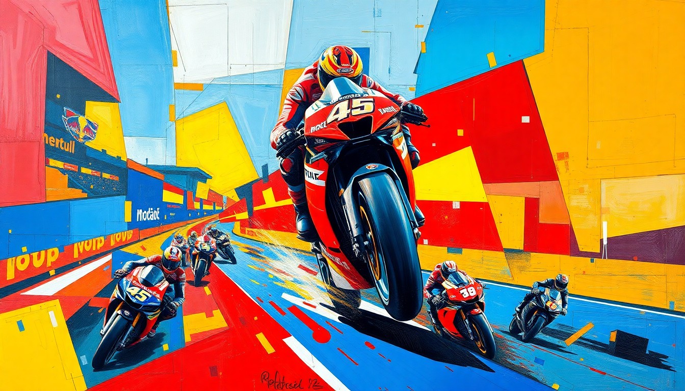 A fractured, multi-perspective painting depicting a MotoGP race scene, with sharp, overlapping geometric shapes in a vibrant color palette representing the dynamic energy and progress of young rider Ai Ogura.
