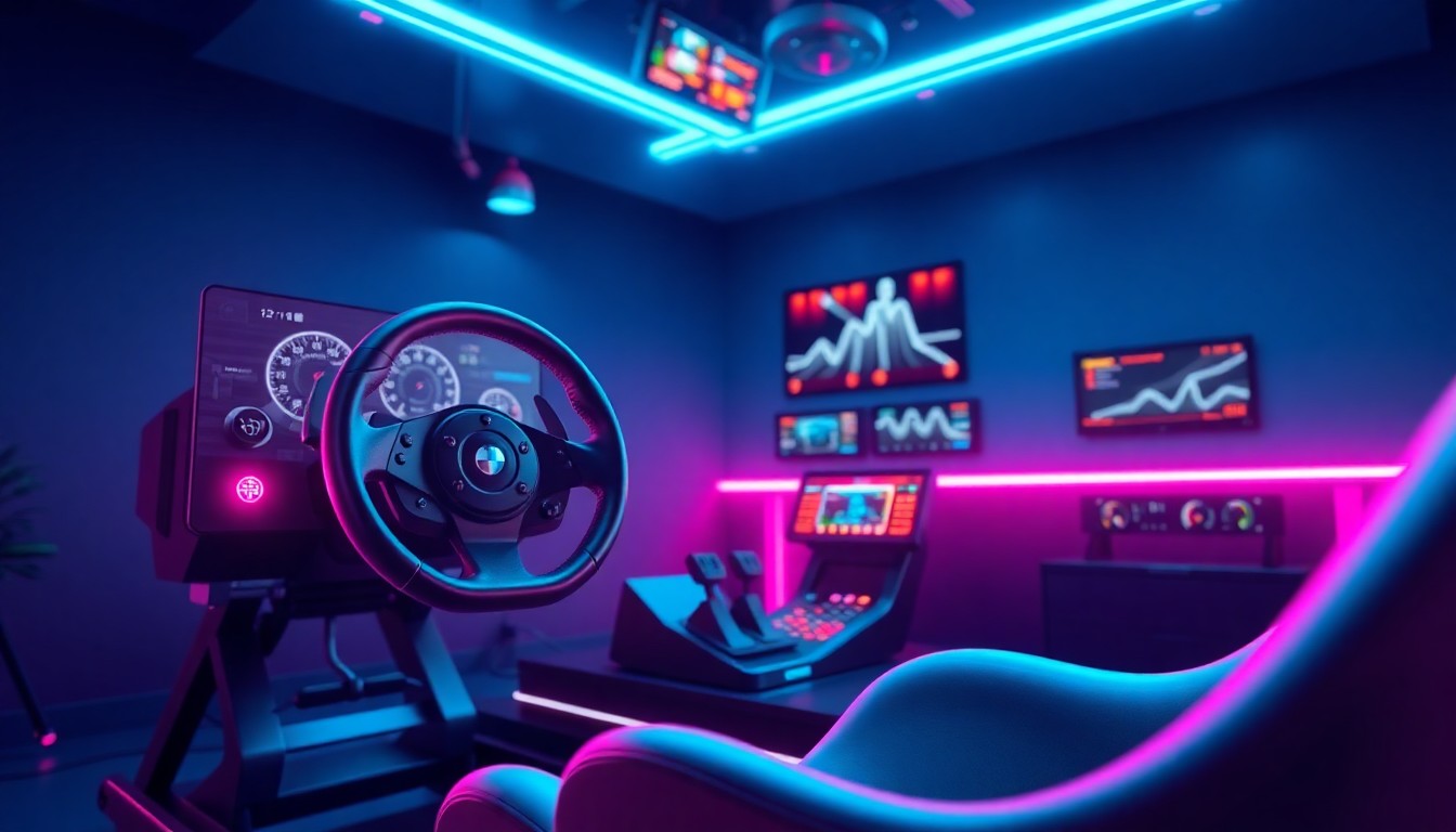 A highly detailed, glowing 3D illustration of a racing simulator cockpit setup, with neon cyan and magenta lights illuminating the various components like the steering wheel, pedals, and dashboard displays. The scene conveys a sense of advanced, high-tech racing technology.