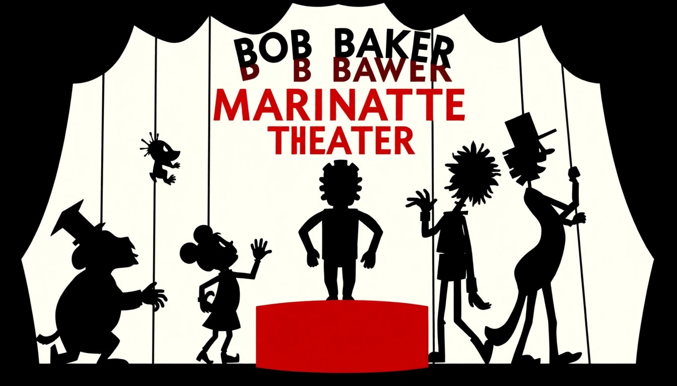 An abstract, minimalist illustration using bold, jagged black silhouettes and shapes to represent the iconic puppets and characters of the Bob Baker Marionette Theater, conveying a sense of playfulness and imagination.