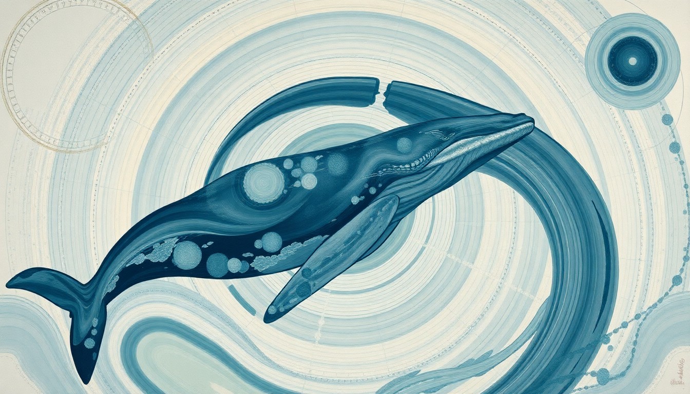 A highly textured, abstract painting in muted tones of blue, green, and gray, featuring sweeping geometric arcs, concentric circles, and precise organic spirals, conceptually representing the complex interplay of natural forces and human impacts affecting the gray whale population in the San Francisco Bay.