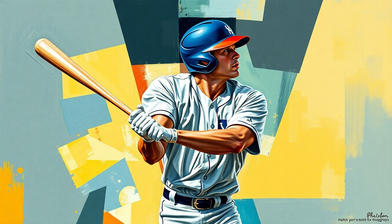 A fragmented, geometric painting depicting a baseball player swinging a bat, the figure broken down into sharp, overlapping planes of color representing the team uniforms mentioned in the story.