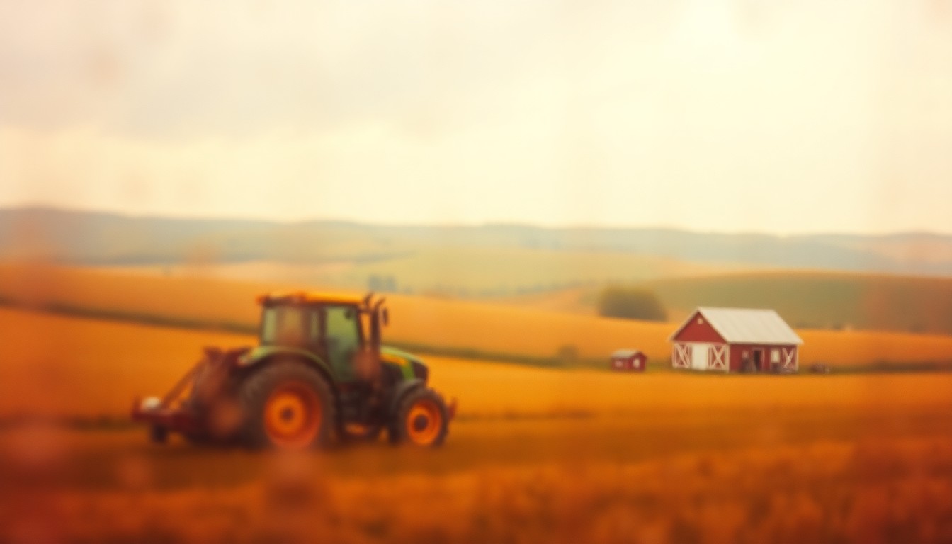 An extremely blurred and abstracted photograph of a rural farming scene, with a tractor, barn, and rolling hills visible in soft, warm pools of color and light, conveying the emotional tone and conceptual meaning of the story about the decline in usage of a mental health hotline for Pennsylvania farmers.